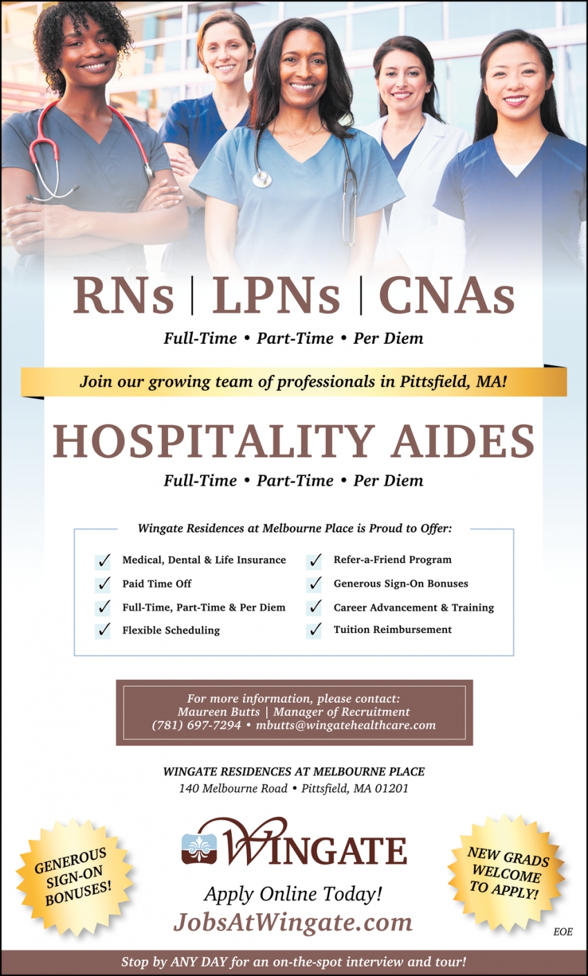 CNAs - RNs - LPNs - Hospitality Aides, Wingate Healthcare, Needham, MA