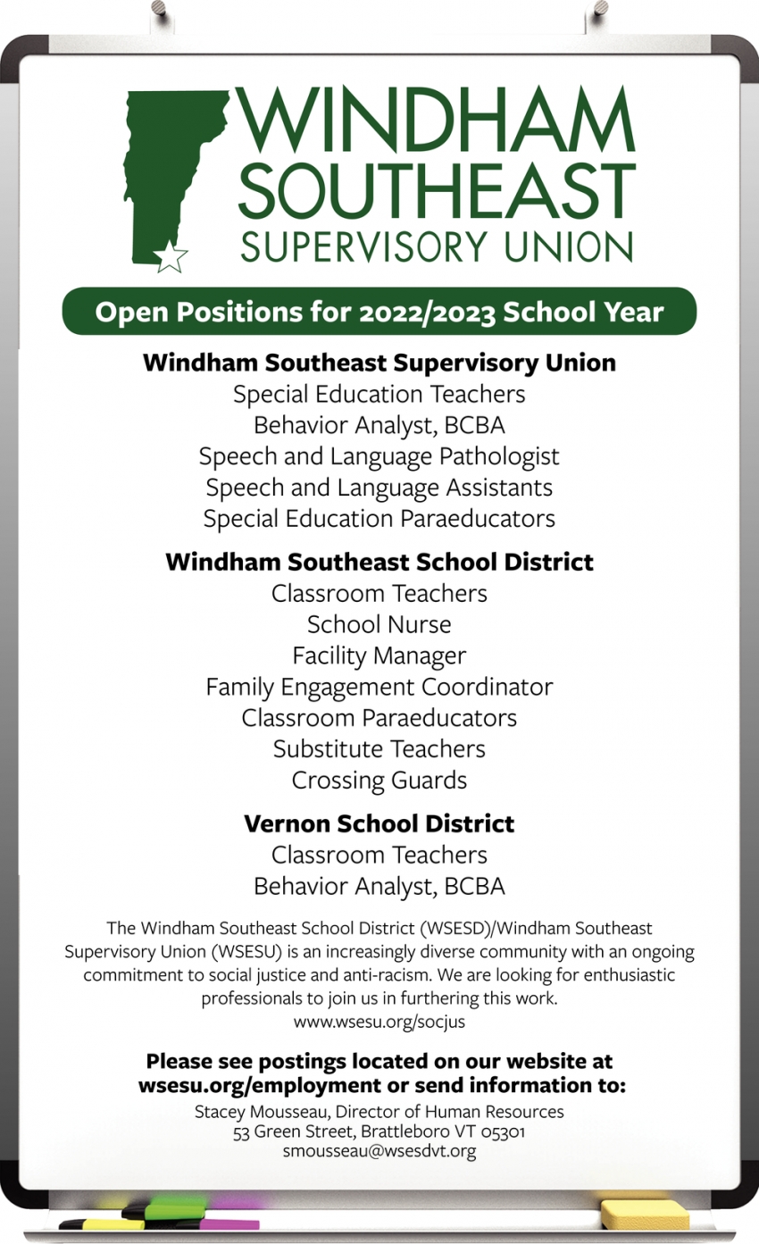 Open Positions For 2022/2023 School Year, Windham Southeast Supervisory