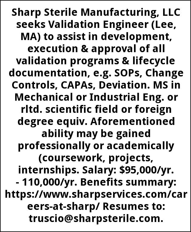 Validation Engineer, Sharp Sterile Manufacturing LLC, Berkshire, MA