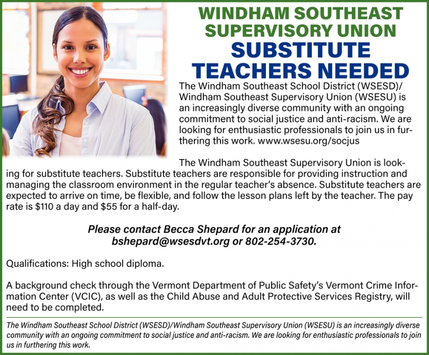 Substitute Teacher Needed, Windham Southeast Supervisory Union